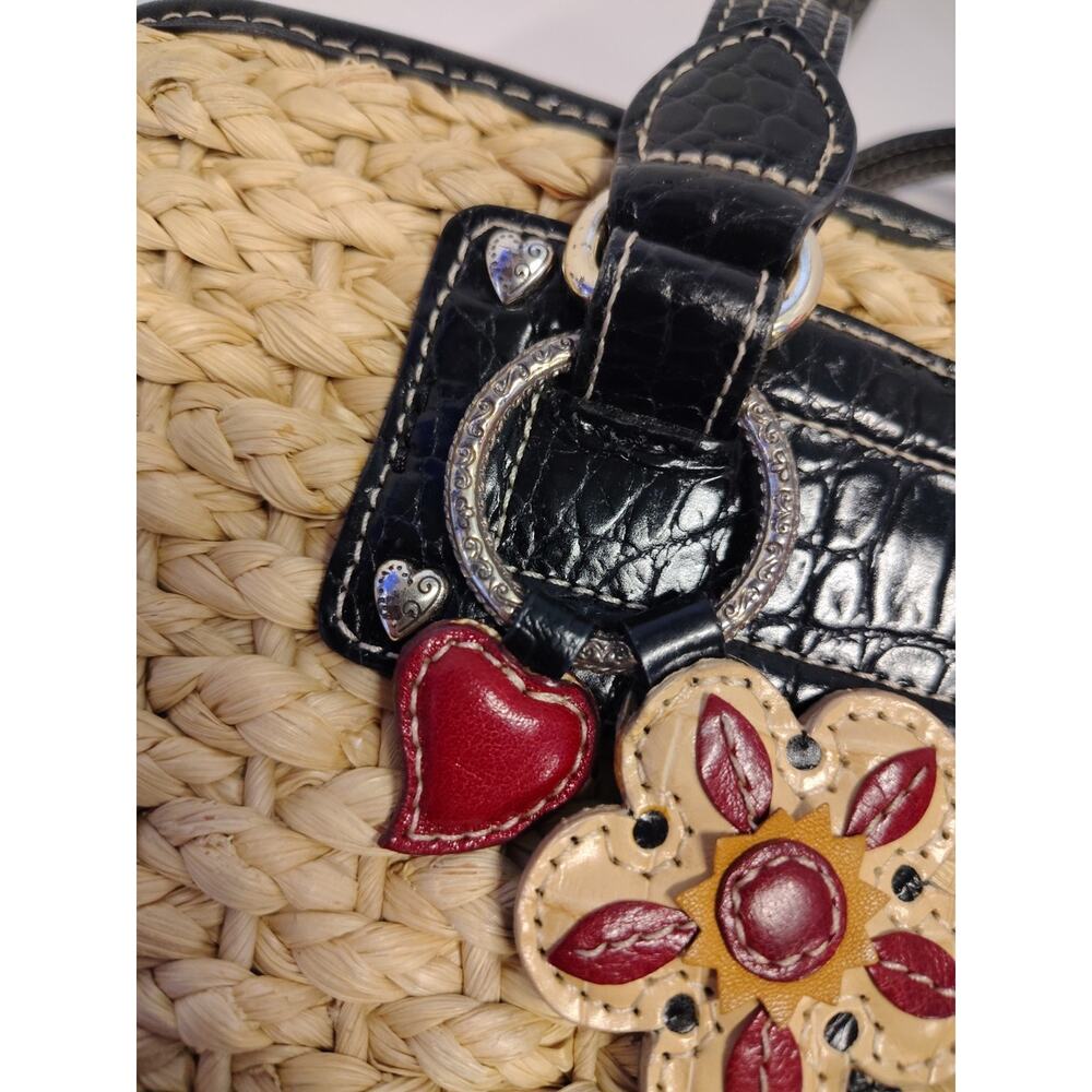 Brighton Straw & Leather Purse Handbag Shoulder Hearts Red Black Tan Summer Boho - Picture 16 of 16